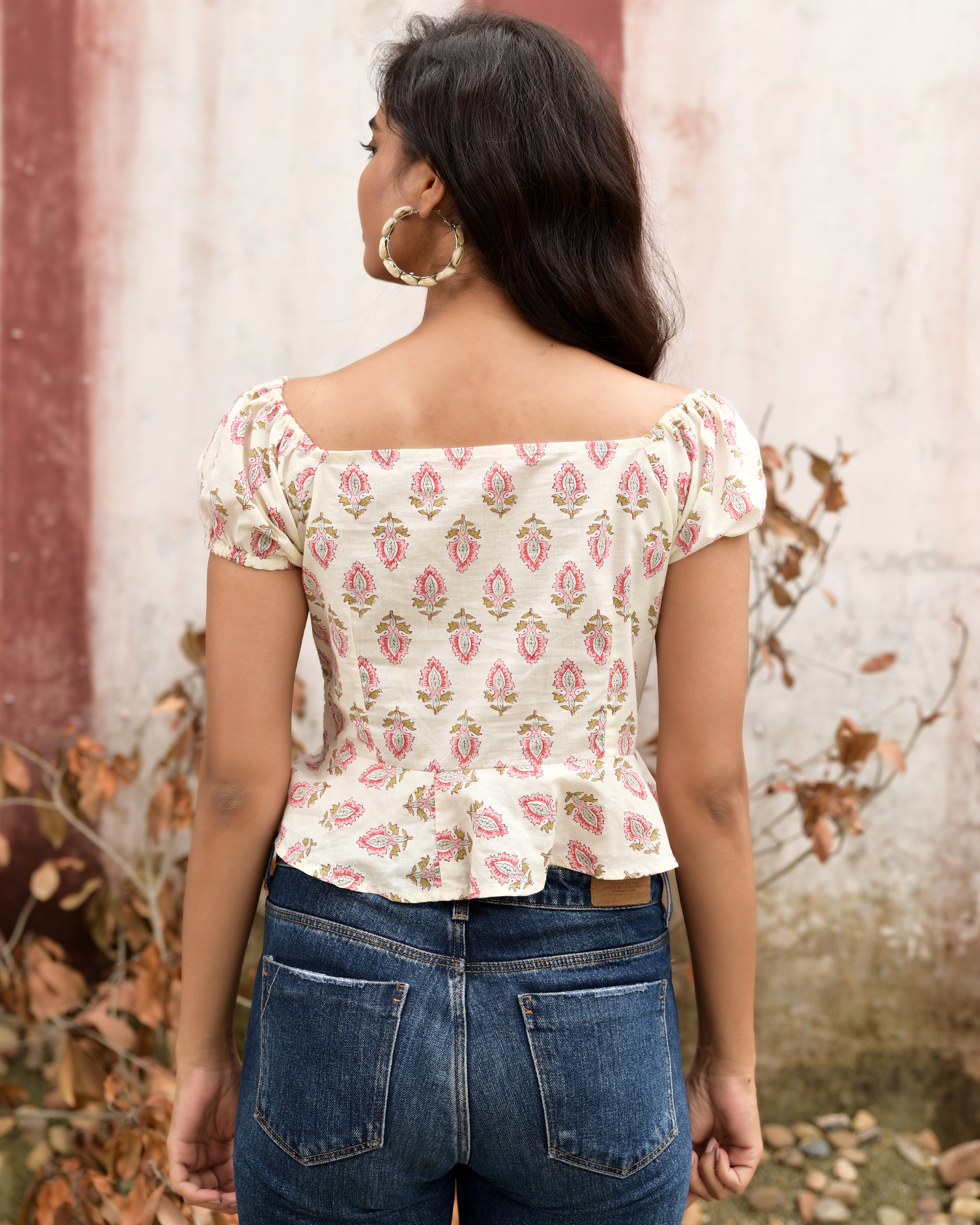 Cream and pink block printed crop top by Rira