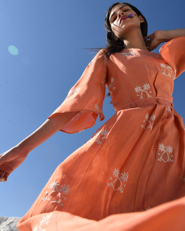 Rust embroidered summer dress by Kapraaha | The Secret Label