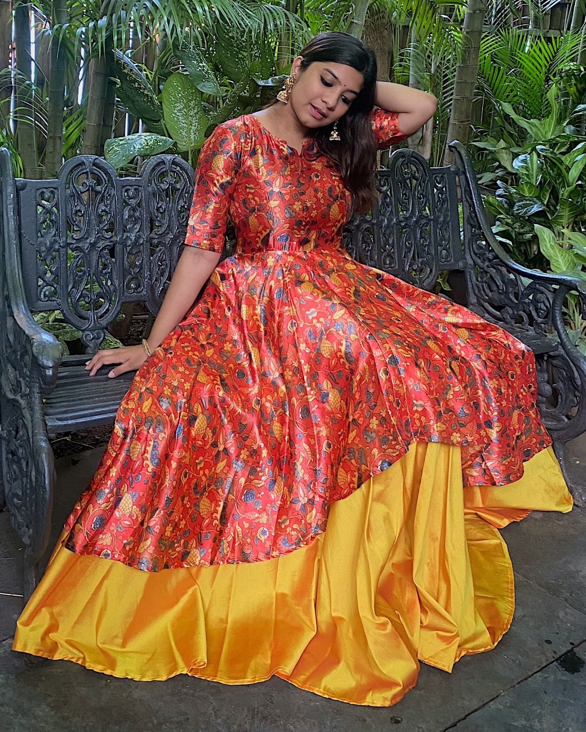 Red and yellow kalamkari silk double layered dress by Athira Designs  The  Secret Label