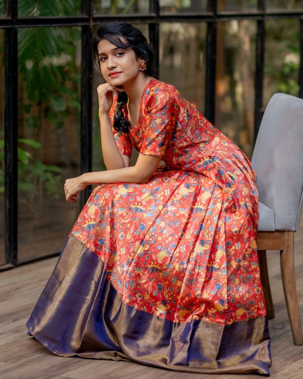 Red kalamkari silk dress with blue brocade border by Athira Designs ...