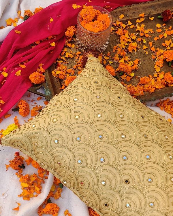 Beige mirrorwork cushion covers by Raffinee The Secret Label