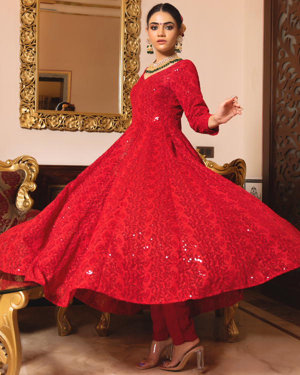 Royal red chikankari anarkali suit set - set of three by Calmna | The ...