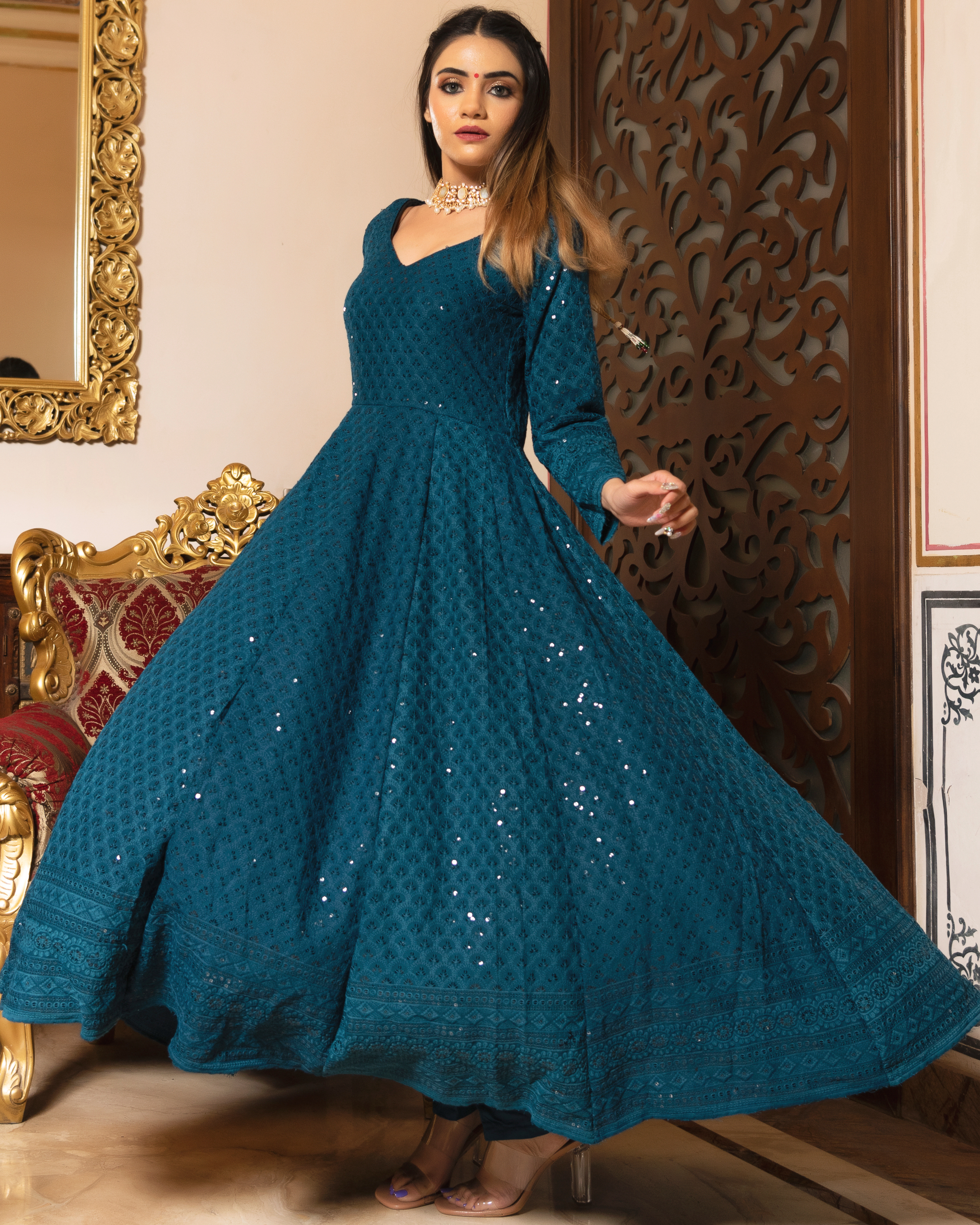 Buy Blue Silk Anarkali Suit Set with bandhani print and brocade weave KALKI  Fashion India