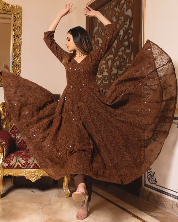 Brown berry chikankari anarkali suit set - set of three 2