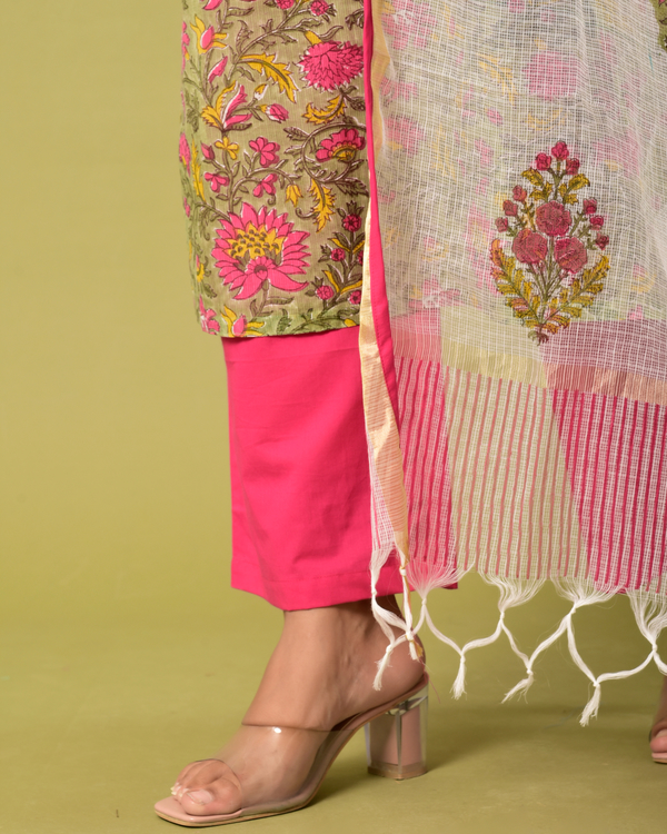 Pink and green printed kota doriya kurta set - set of three 1