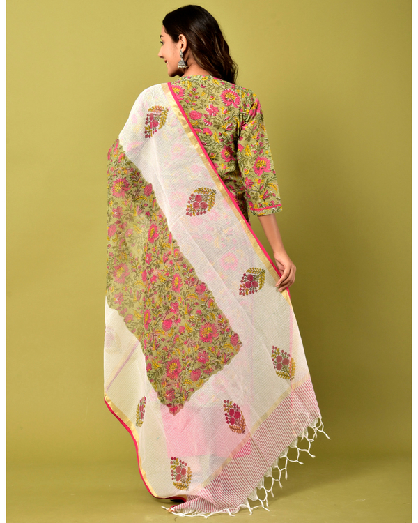Pink and green printed kota doriya kurta set - set of three 3