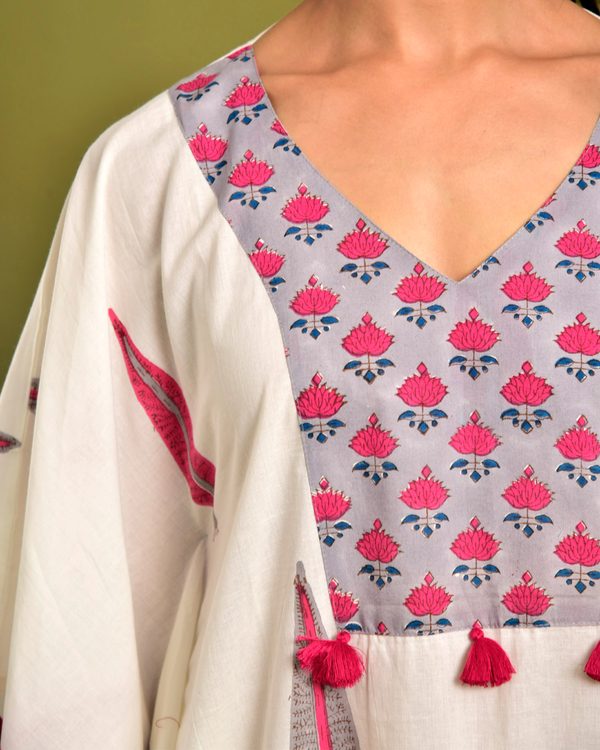 Off-white and pink block printed kaftan 1