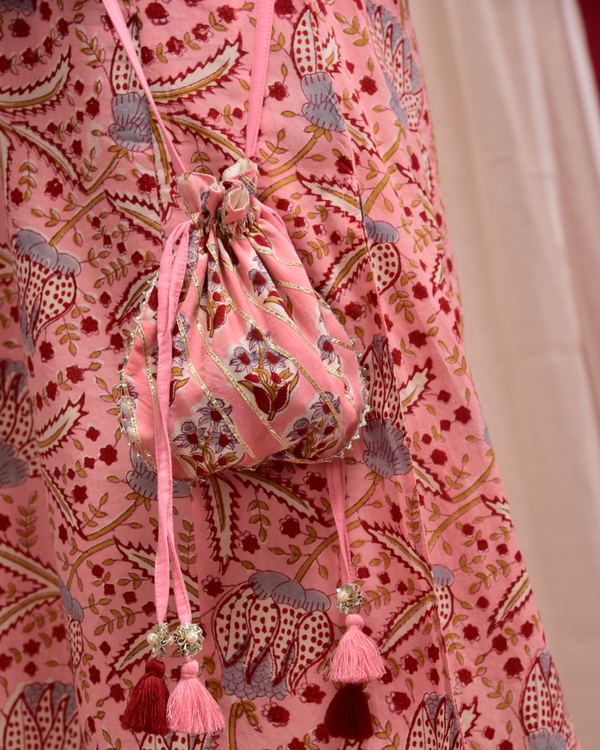 Pink jaal printed kurta with potli pouch 1