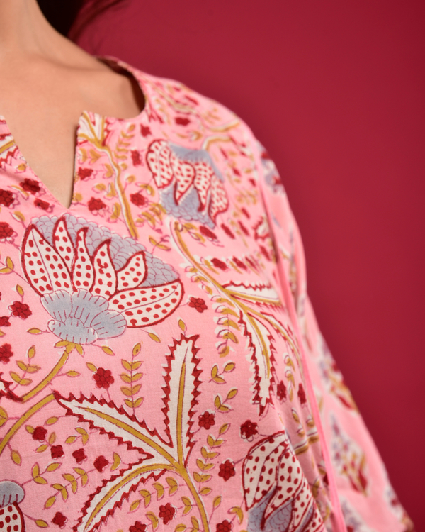 Pink jaal printed kurta with potli pouch 2