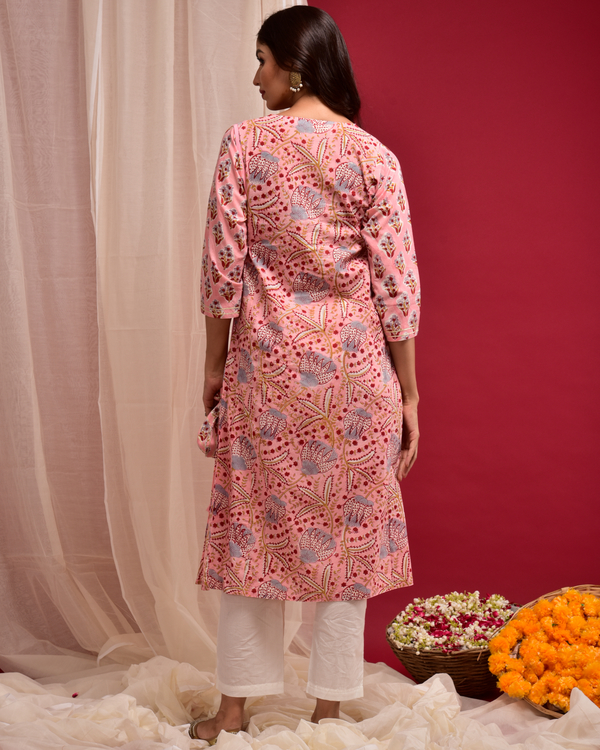 Pink jaal printed kurta with potli pouch 3