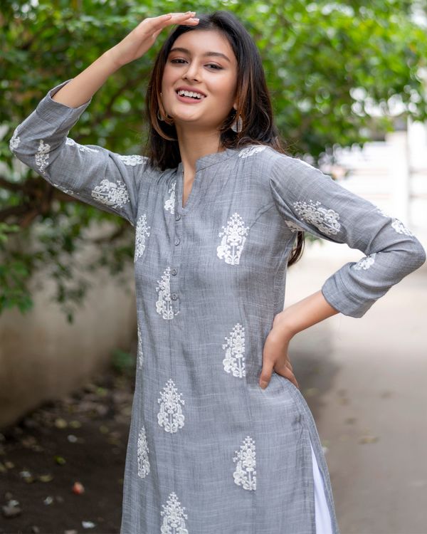Grey kurta with white thread embroidered motifs and palazzo - set of two 2