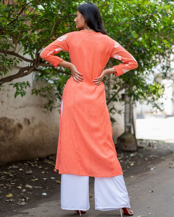Peach kurta with white thread embroidered motifs and palazzo - set of two 1