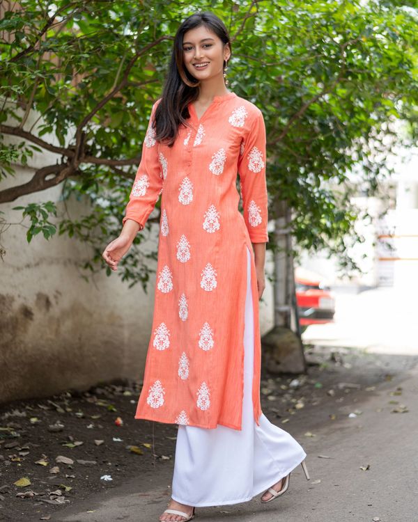 Peach kurta with white thread embroidered motifs and palazzo - set of two 2