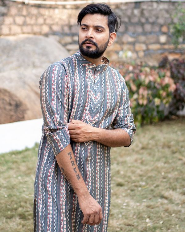 Grey and white buta striped kurta 1
