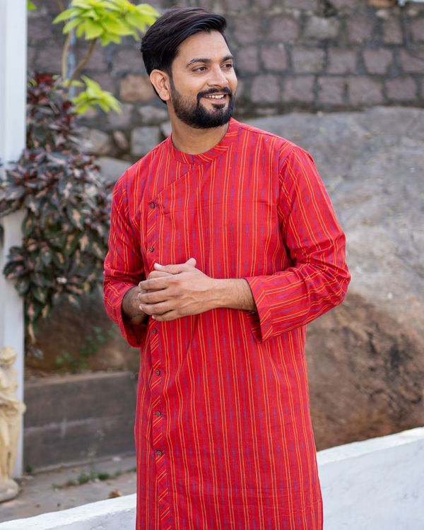 Red and yellow striped pure handloom cotton kurta with plain black pyjama - set of two 1