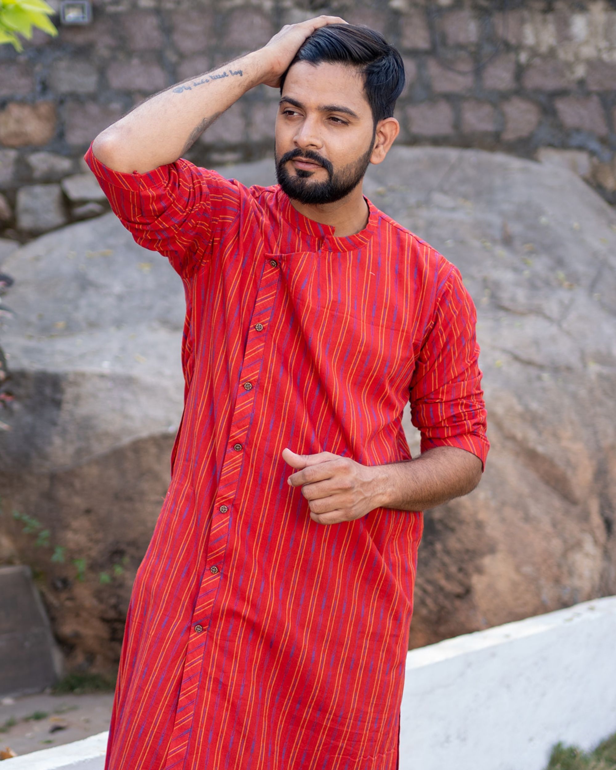 Red and yellow striped pure handloom cotton kurta with plain black