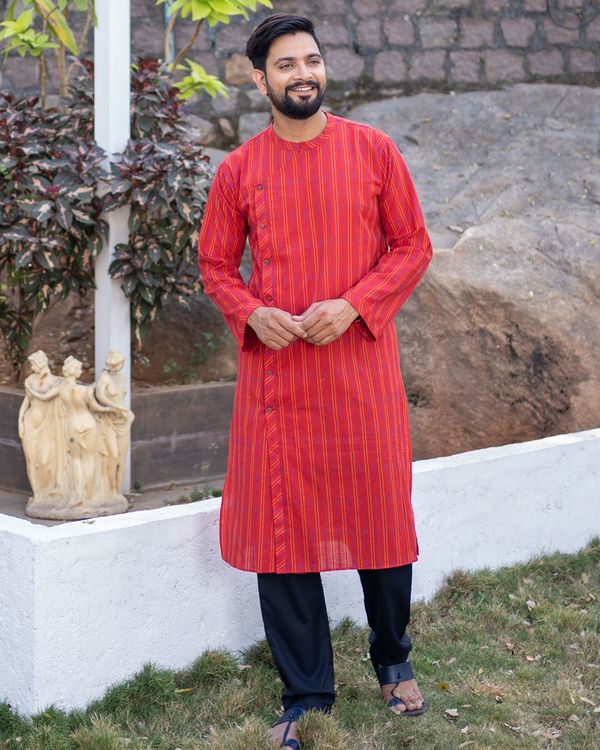 Red and yellow striped pure handloom cotton kurta with plain black pyjama - set of two 3
