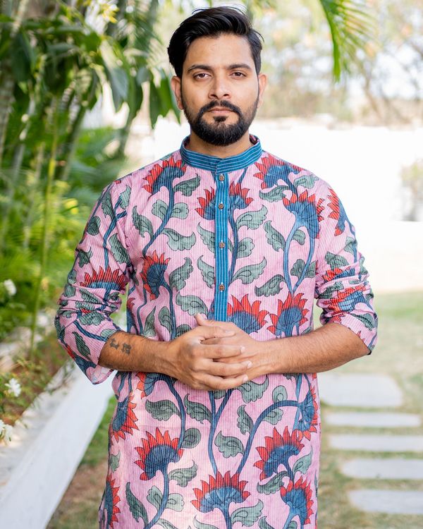 Purple lotus printed cotton kurta with plain white pyjama - set of two 1