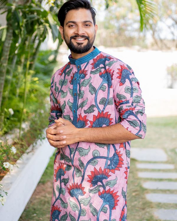 Purple lotus printed cotton kurta with plain white pyjama - set of two 2