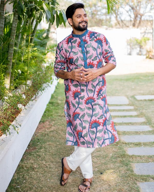 Purple lotus printed cotton kurta with plain white pyjama - set of two 3