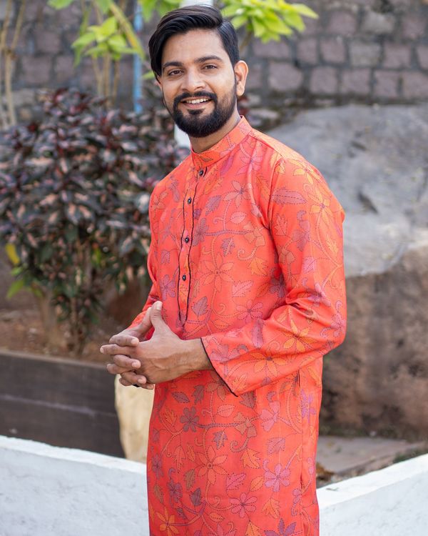 Red floral with black borderline kurta 1
