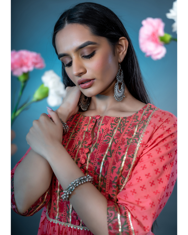 Old rose pink block printed kurta set with organza dupatta  set of three 3