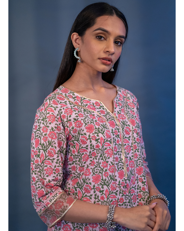 Dusty rose pink block printed kurta set with stole  set of three 3