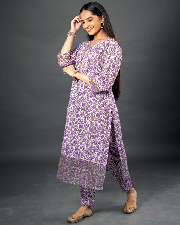 Dull purple block printed cotton kurta 3