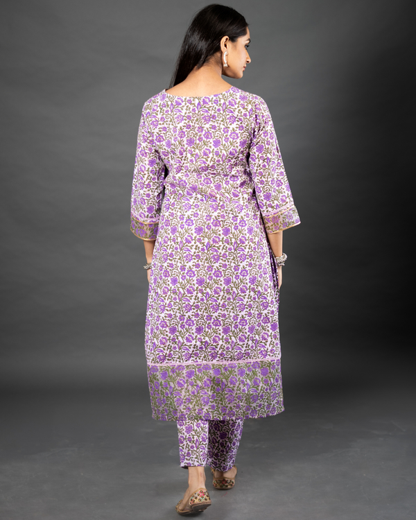 Dull purple block printed cotton pants 1