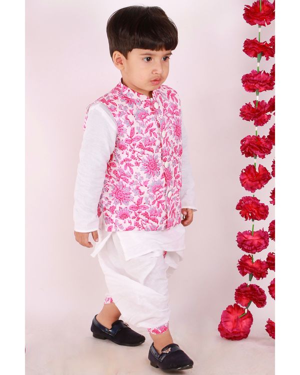 Pink and white floral kantha jacket with kurta and dhoti - set of three 3