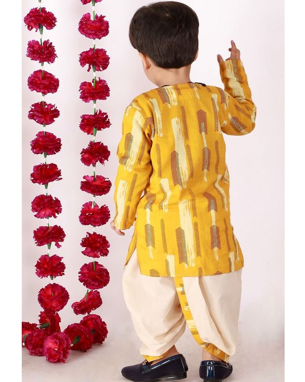 Yellow and cream feather printed kurta with dhoti - set of two 1