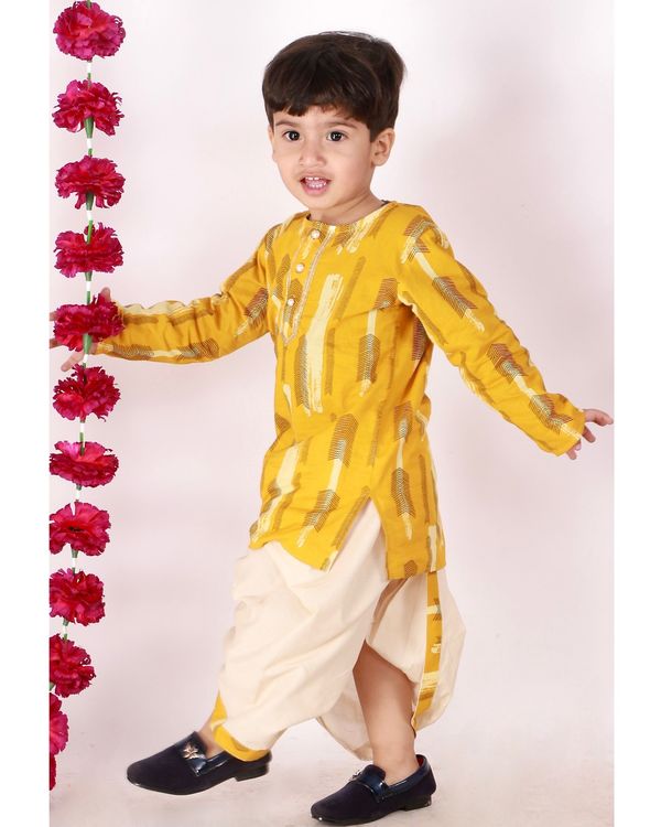 Yellow and cream feather printed kurta with dhoti - set of two 2