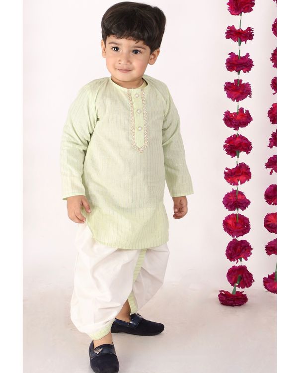 Green and cream golden striped kurta with dhoti - set of two 3