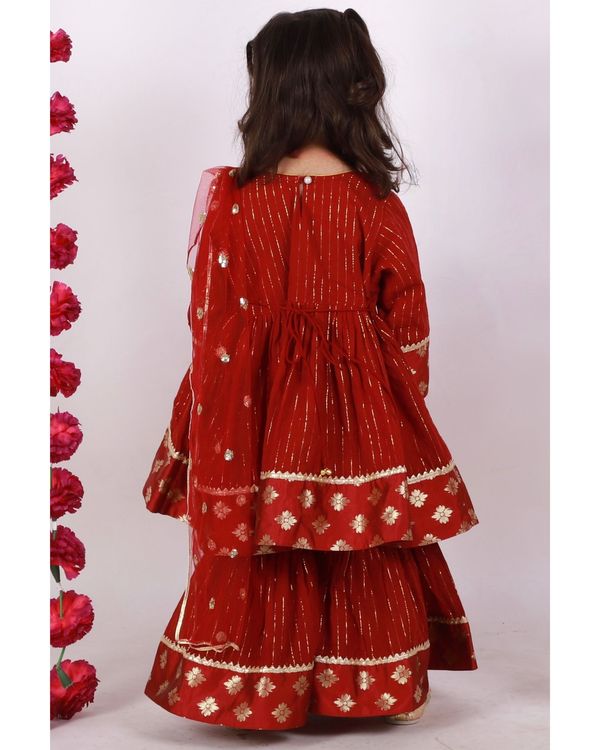 Maroon brocade patch work frock kurta and sharara with dupatta - set of three 1