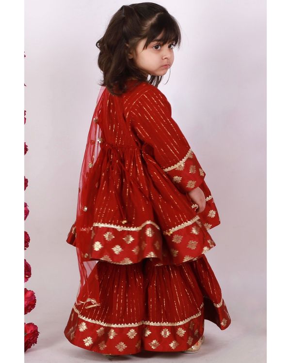Maroon brocade patch work frock kurta and sharara with dupatta - set of three 2