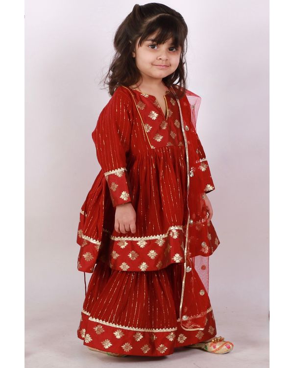 Maroon brocade patch work frock kurta and sharara with dupatta - set of three 3
