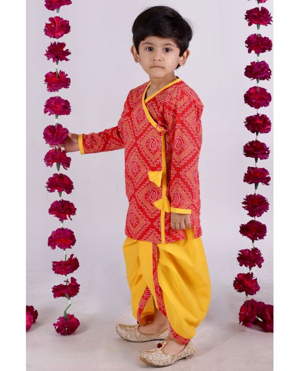 Red and yellow jaipuri ambi angrakha kurta with dhoti - set of two 2