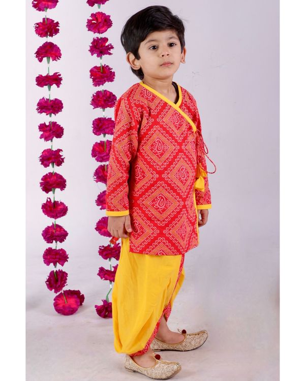 Red and yellow jaipuri ambi angrakha kurta with dhoti - set of two 3