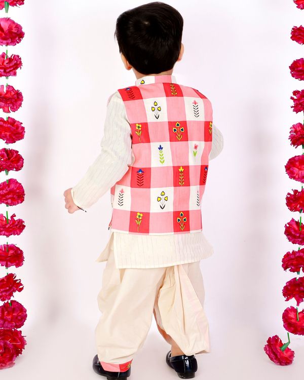 Cream and red floral check jacket with kurta and dhoti - set of three 1