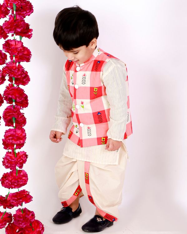 Cream and red floral check jacket with kurta and dhoti - set of three 2