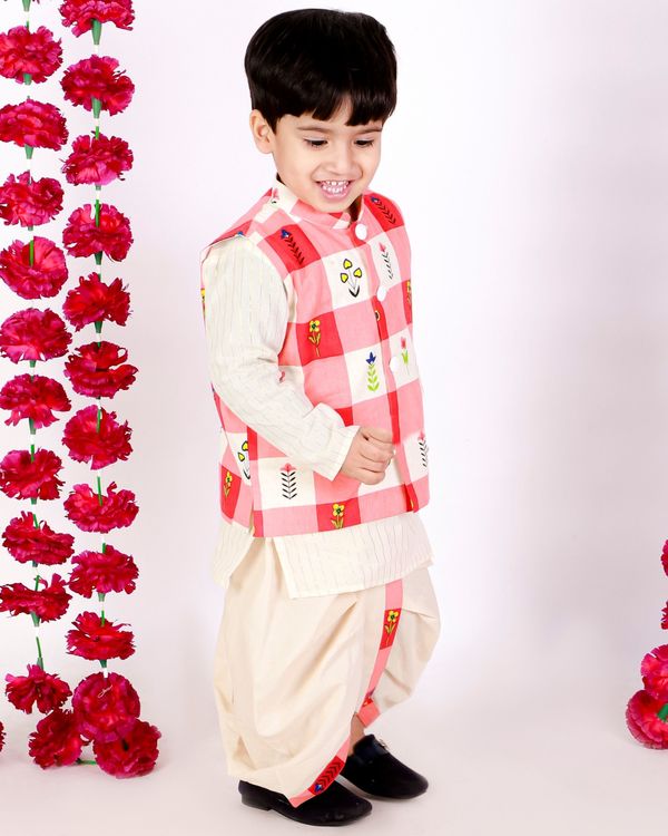 Cream and red floral check jacket with kurta and dhoti - set of three 3
