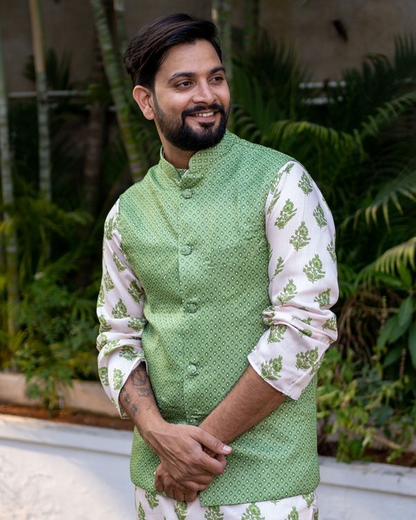 Green dots printed jacket with beige and green buta printed kurta - set of two 1