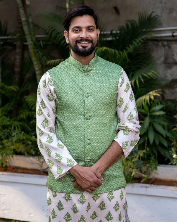 Green dots printed jacket with beige and green buta printed kurta - set of two 2