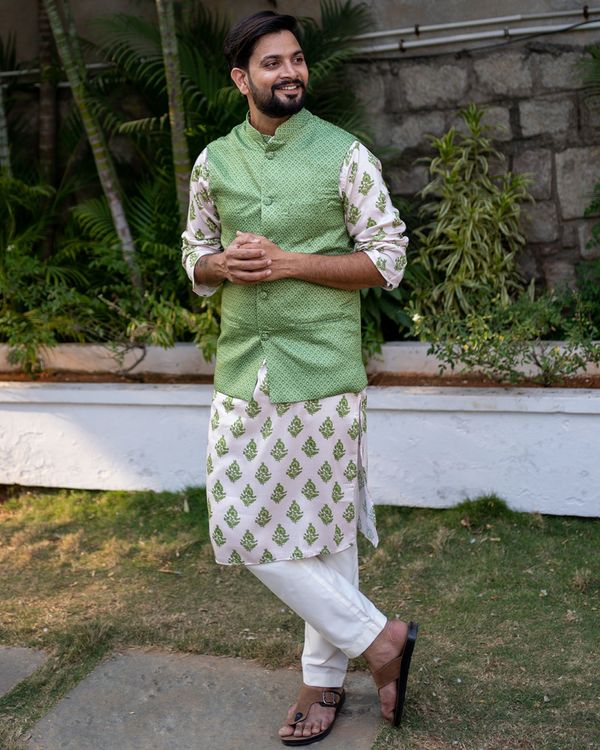 Green dots printed jacket with beige and green buta printed kurta - set of two 3