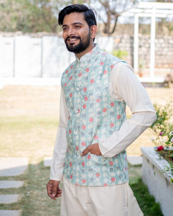 Dull blue and white floral printed jacket with off-white kurta and pyjama - set of three 1
