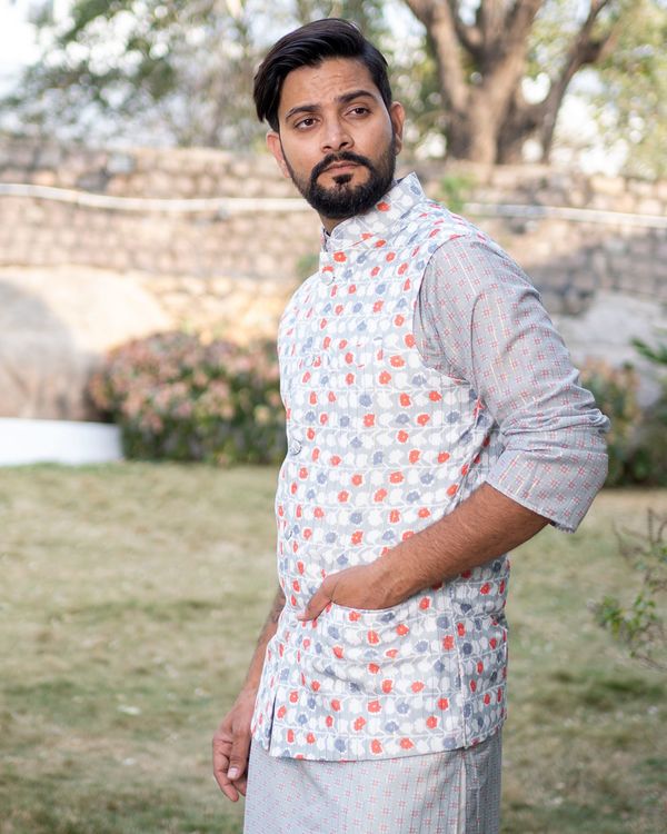 Blue and white floral printed jacket with dull blue chanderi kurta and beige pyjama - set of three 2