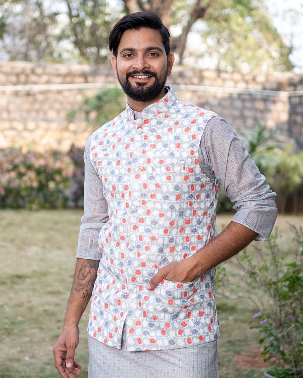 Blue and white floral printed jacket with dull blue chanderi kurta and beige pyjama - set of three 3