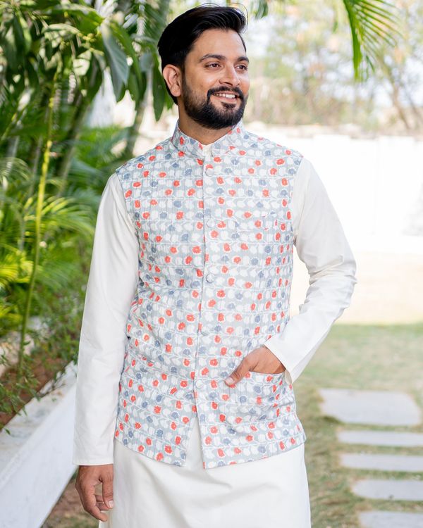 Dull green and white floral printed striped nehru jacket 1