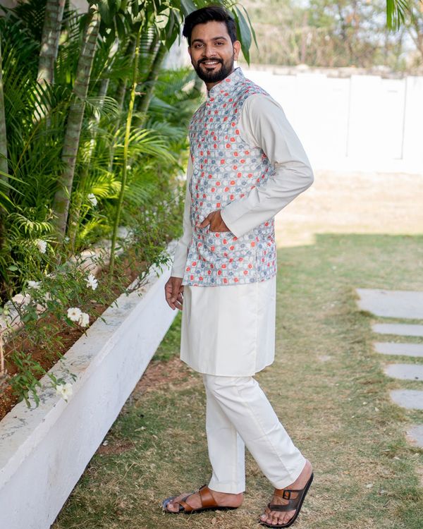 Dull green and white floral printed striped nehru jacket 3