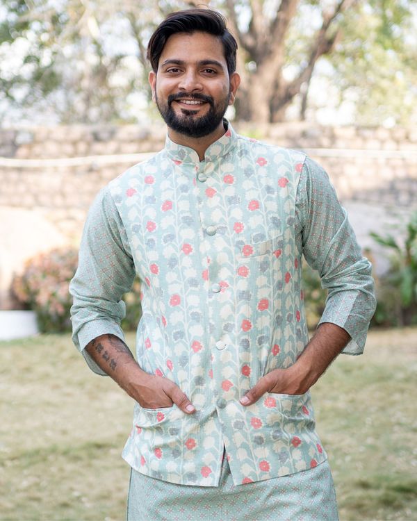 Dull green and white floral printed jacket with blue chanderi kurta and beige pyjama - set of three 1